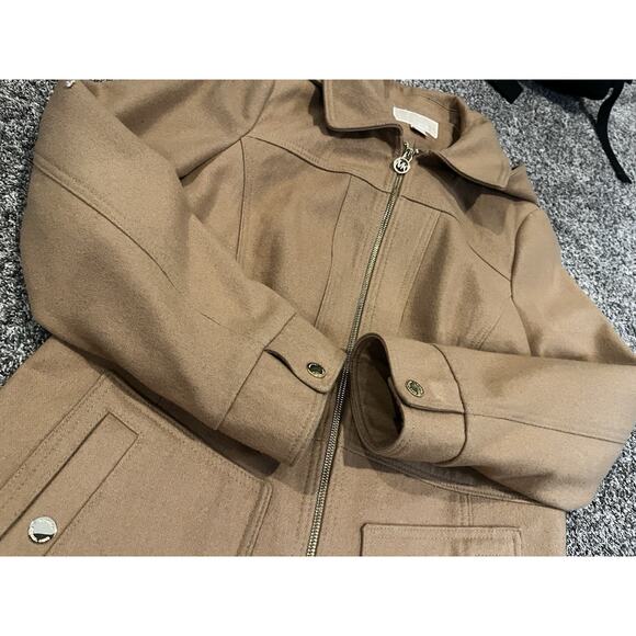 Michael Kors Beige Camel Tan Wool Blend Trench Overcoat Detachable Hood Womens L - Picture 15 of 15